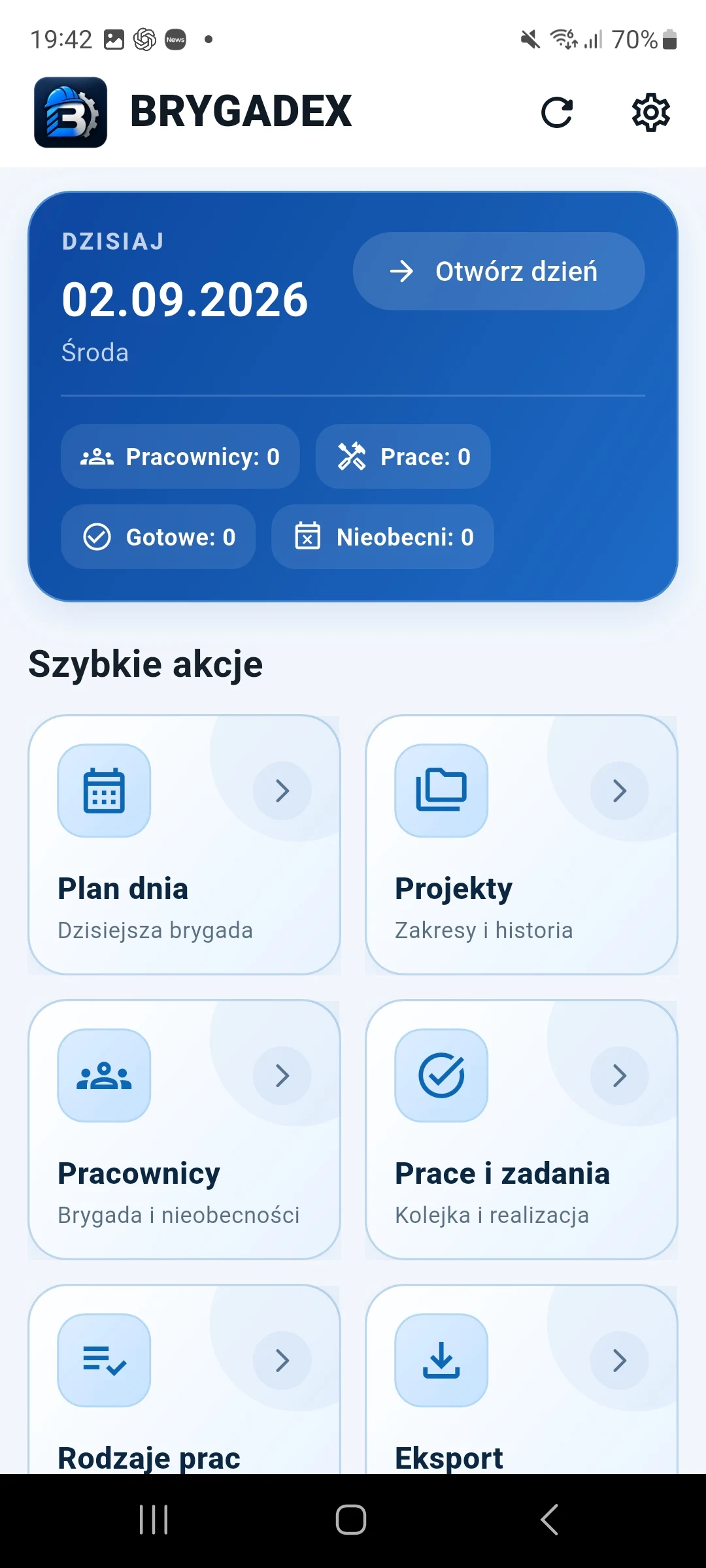 Ekran aplikacji BRYGADEX