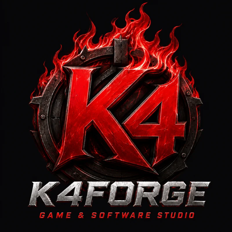 K4Forge — metaliczny symbol K4 z czerwonymi płomieniami
